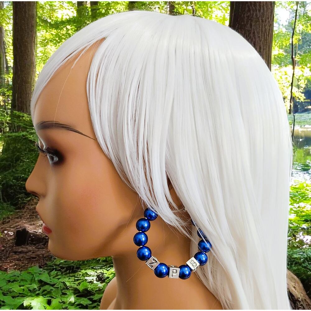 Zeta Phi Beta Earrings Hoop Blue & White Pearls with blocks‎